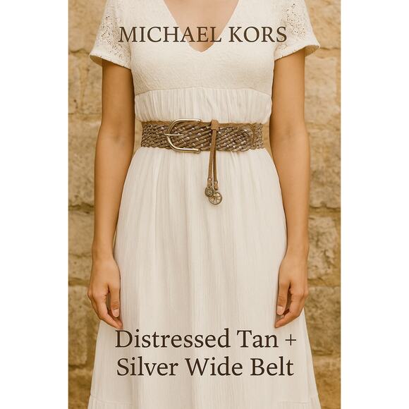Michael Kors Distressed Braided Leather Belt Wide Western Boho Silver Charm L main image 4